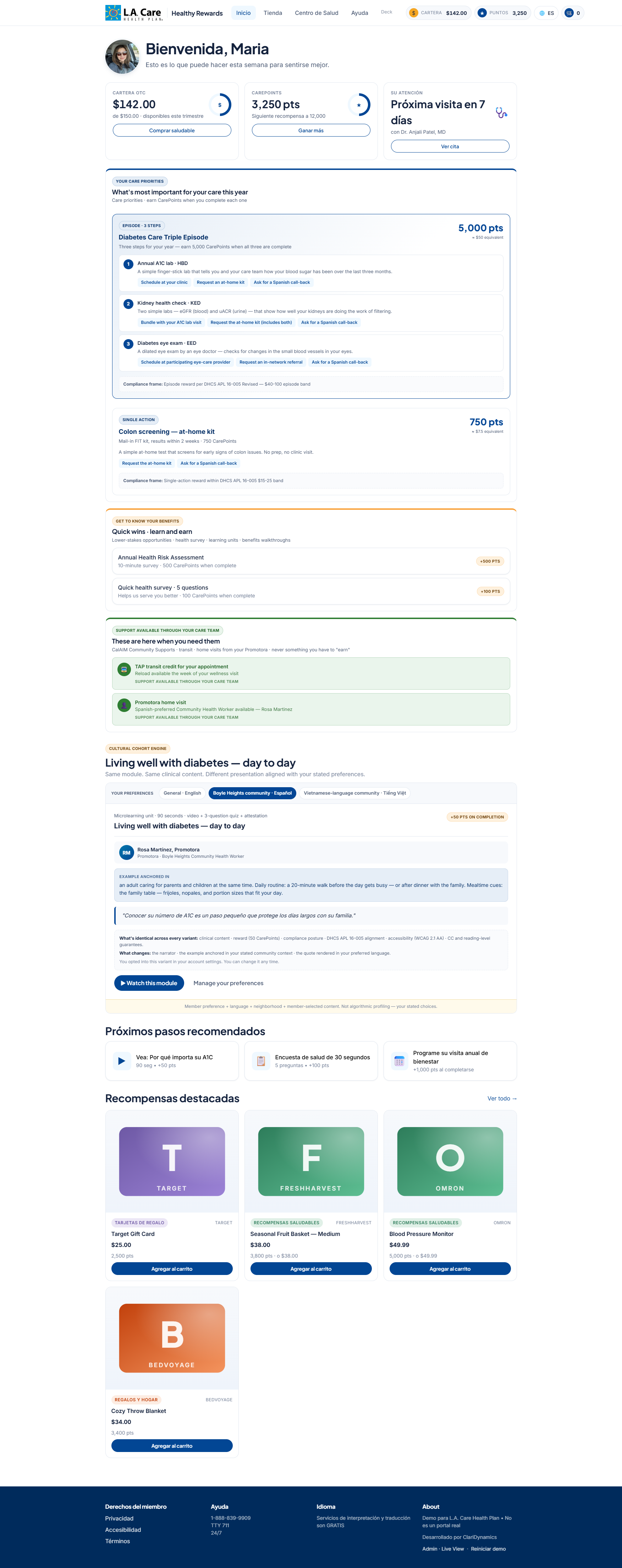 Maria's Healthy Rewards home dashboard